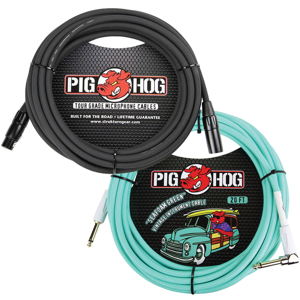 Special OFFER! 2 Pack Pig Hog PHM25 Microphone Cable 25 Ft, PCH20SGR Guitar Cable 20ft