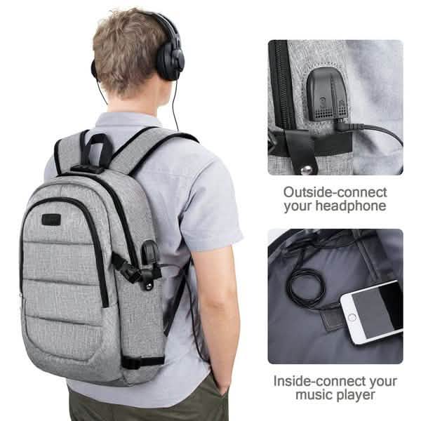 Anti Theft Waterproof Backpack with USB Charging Port and Headphone Interface Classic
