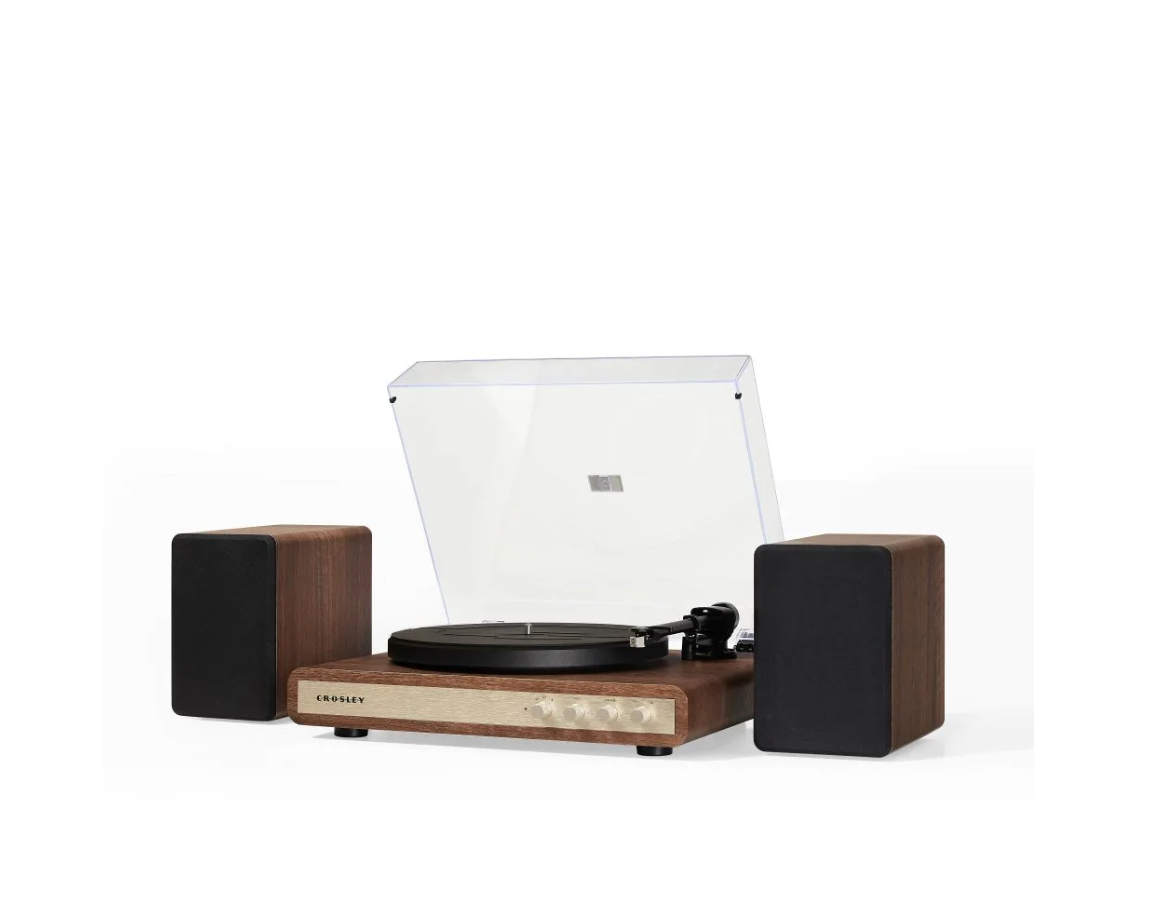 Crosley C65 Record Player with speakers system Belt-Drive 2-Speed Turntable Record Walnut and Gold- NEW