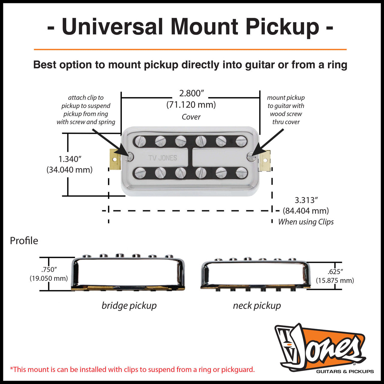 TV Jones Magna'Tron Humbucker Neck Pickup, Universal Mount, Gold-NEW