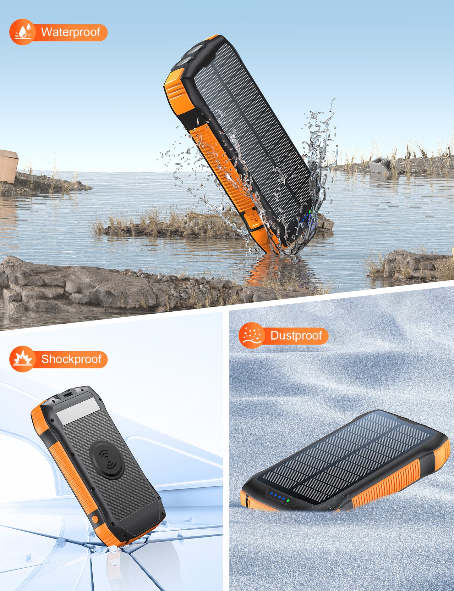 Large Capacity 20000mAh IP67 Waterproof Solar Power Bank with 3 USB and Flashlight