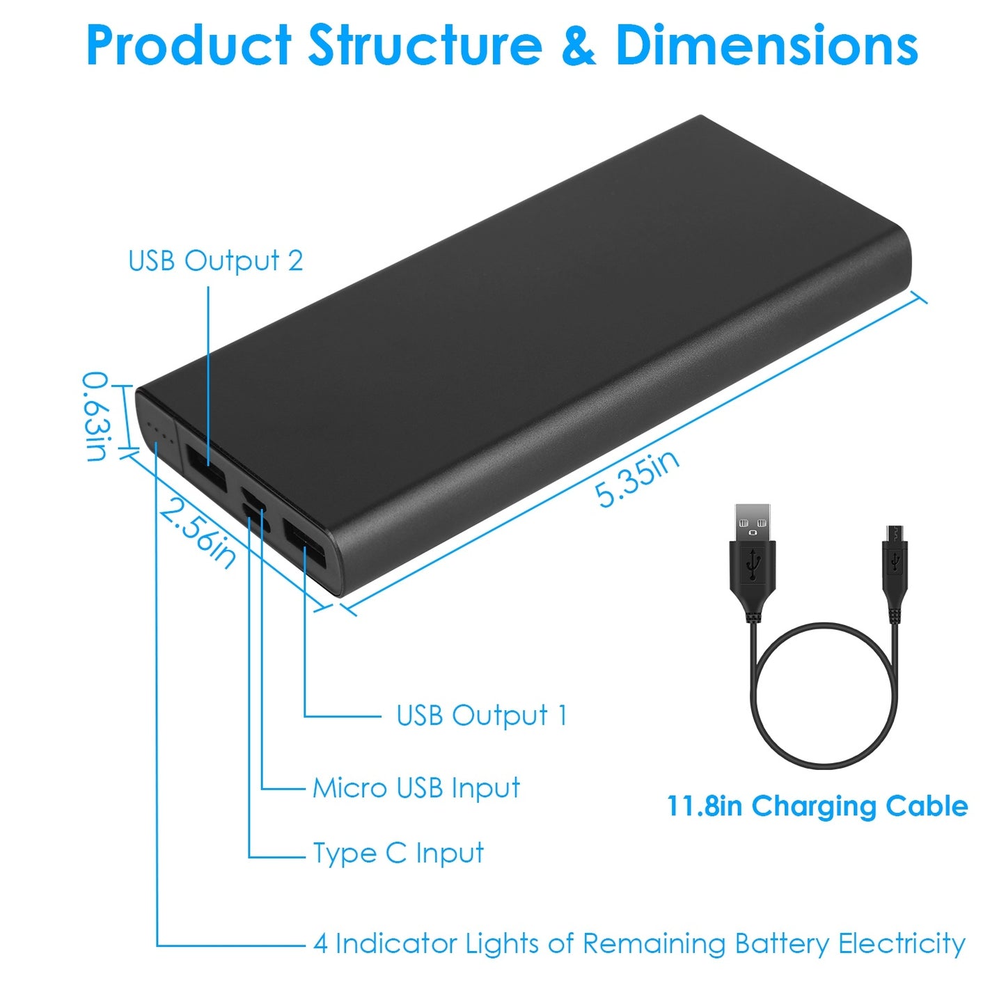 1Pc 20000mAh Power Bank Portable External Battery Pack Phone Charger With Dual USB Output Type C Micro USB Input