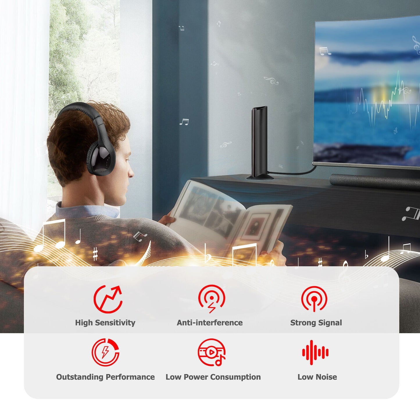 MH2001 Wireless Headphones 5-in-1 Functionality with FM Radio & TV Support On-Ear