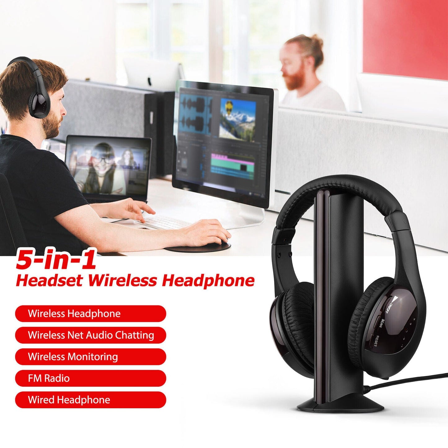 MH2001 Wireless Headphones 5-in-1 Functionality with FM Radio & TV Support On-Ear