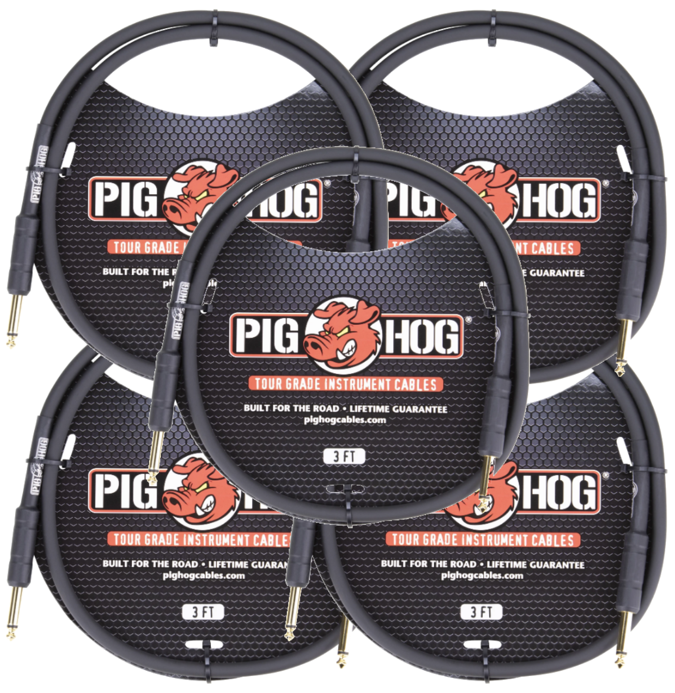 New - 5 Pack Pig Hog PH3 1/4 Straight Instrument Guitar Cord 3 Feet Patch Cable 8mm Black