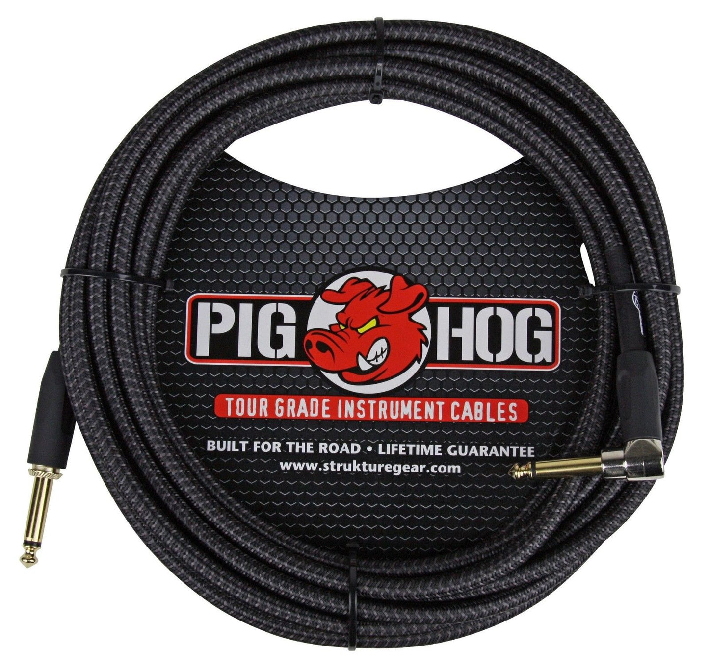 2 Pack Pig Hog PCH20BKR 1/4" TS Right-Angle to Straight Instrument/Guitar Cable - 20'