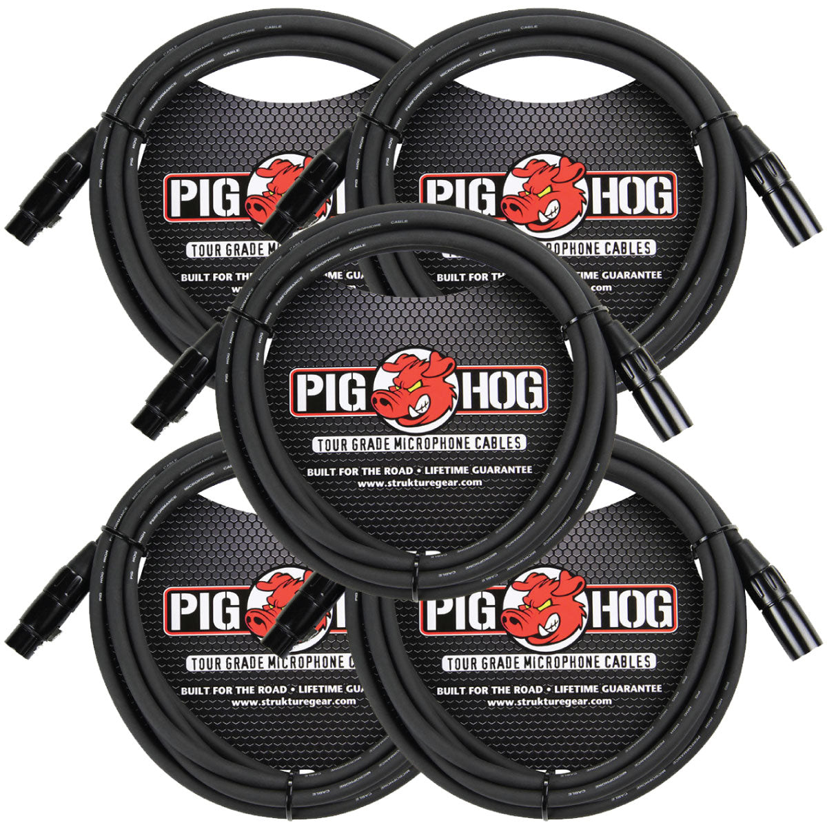 5 Pack Pig Hog PHM10 Tour-Grade XLR Male to Female Mic Cable - 10'