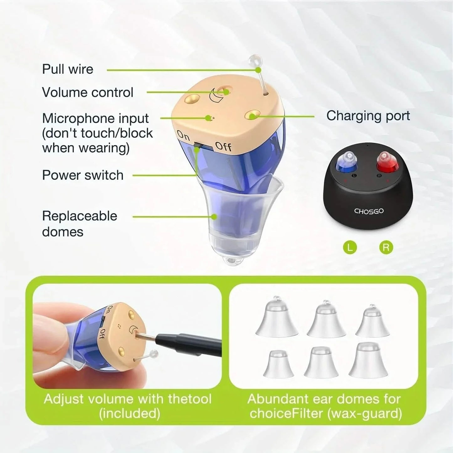 Rechargeable Invisible In-Ear Hearing Aids with Noise Reduction and Volume Control