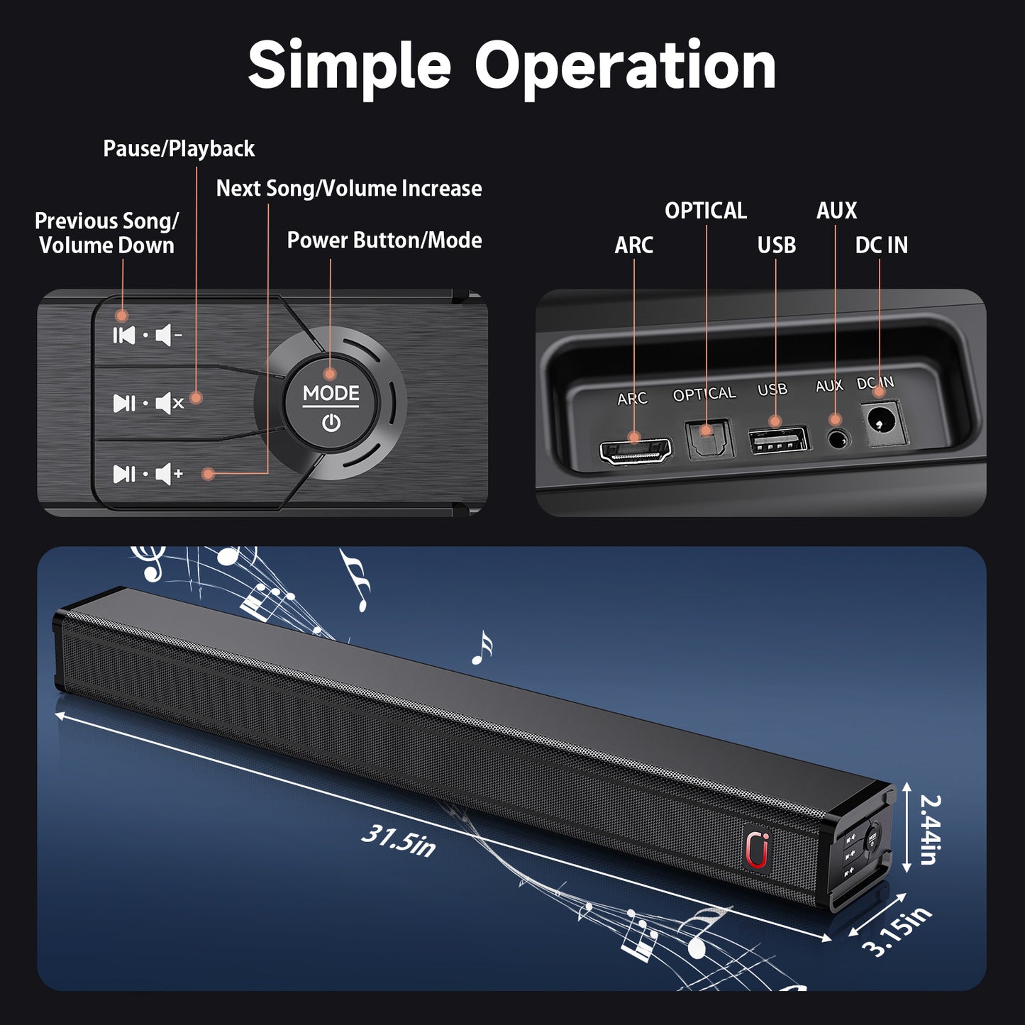 JYX 31.5in 3D Surround Sound Bar For TV With Subwoofer