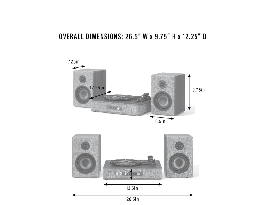 Crosley Aria Shelf System CR7020A With 3 Speed Turntable + Built-in Bluetooth, Gray -NEW