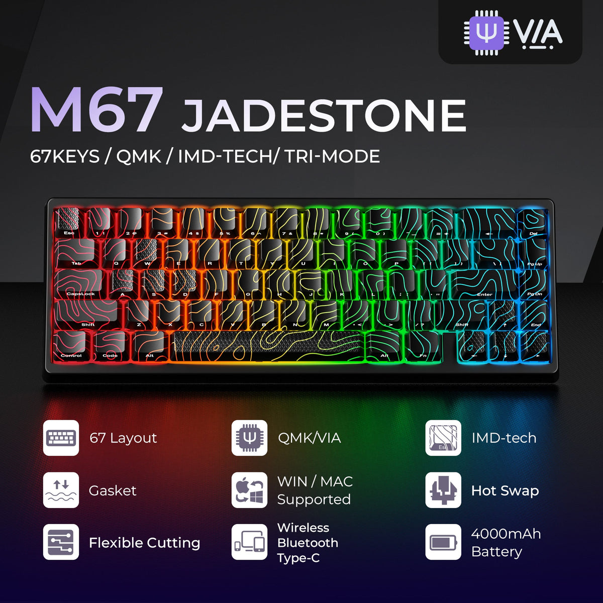 XVX M67 JadeStone Interstellar Black RGB Mechanical Keyboard 65% Layout
