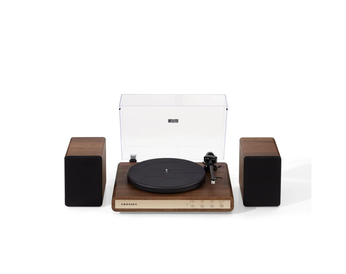 Crosley C65  Record Player with speakers system Belt-Drive 2-Speed  Turntable Record Walnut and Gold- NEW