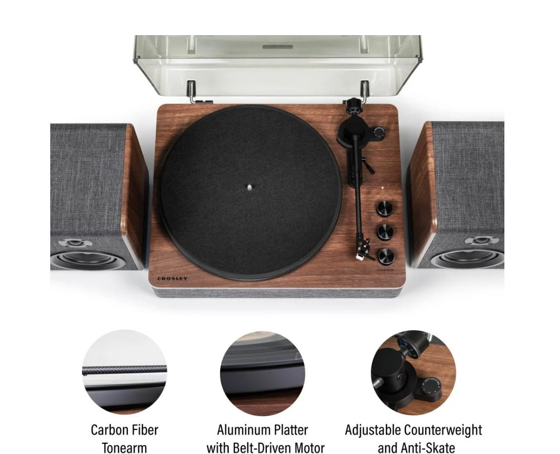 Crosley Nocturne 2-Speed Record Player With Speakers - Charcoal-NEW