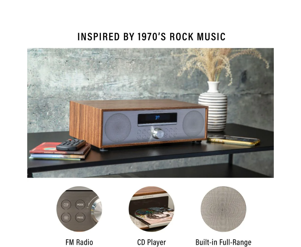 Crosley CR3501A Fleetwood Clock Radio & CD Player With Bluetooth -Walnut -NEW