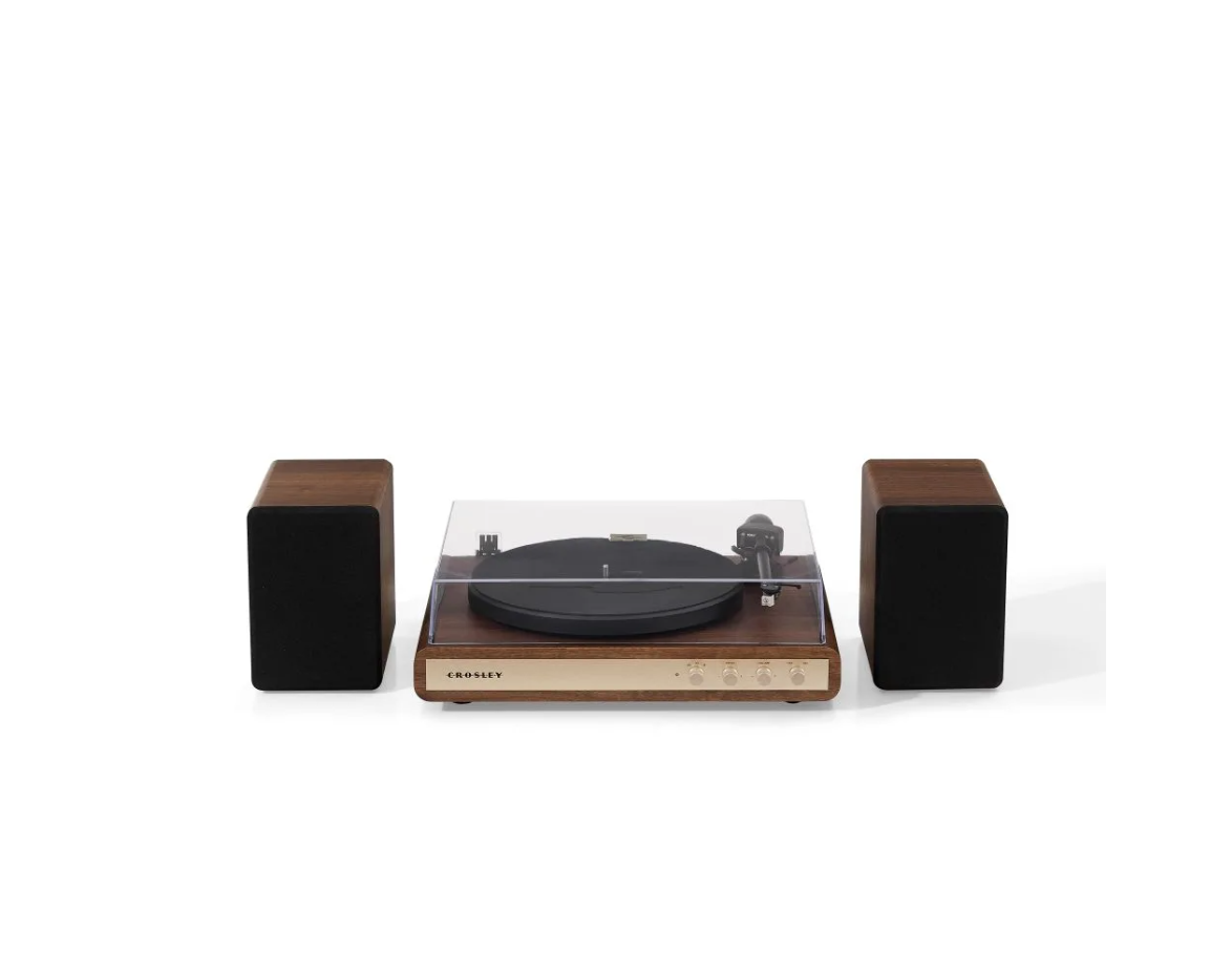 Crosley C65  Record Player with speakers system Belt-Drive 2-Speed  Turntable Record Walnut and Gold- NEW
