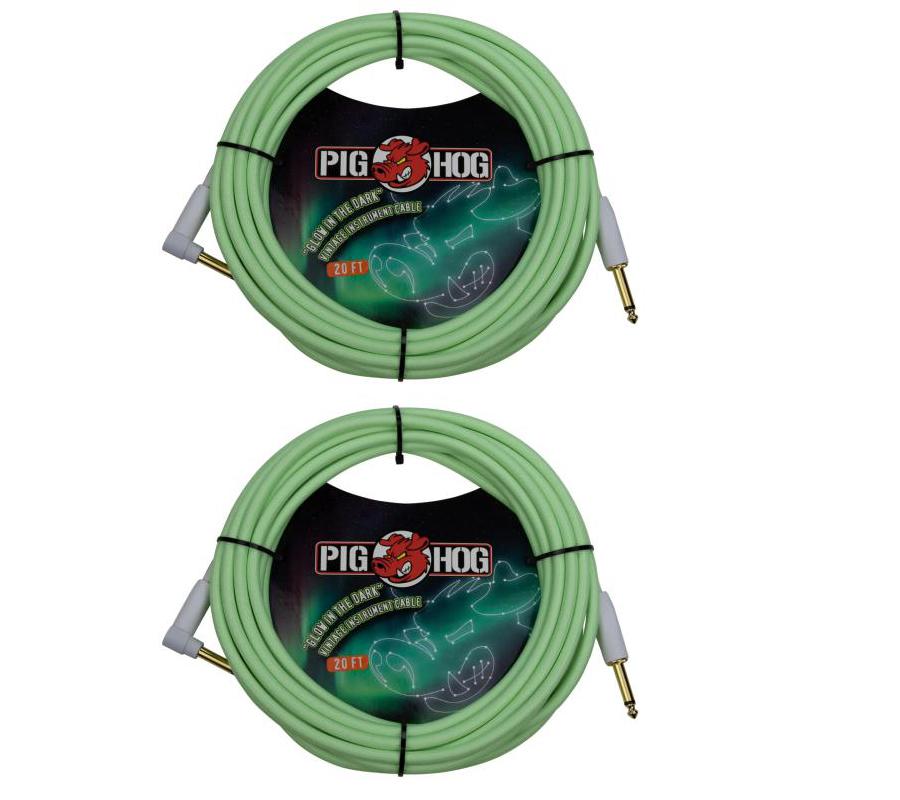 New - PIG HOG PCH20GLOR GLOW IN THE DARK INSTRUMENT CABLES, RIGHT ANGLE 20FT 2 Pack