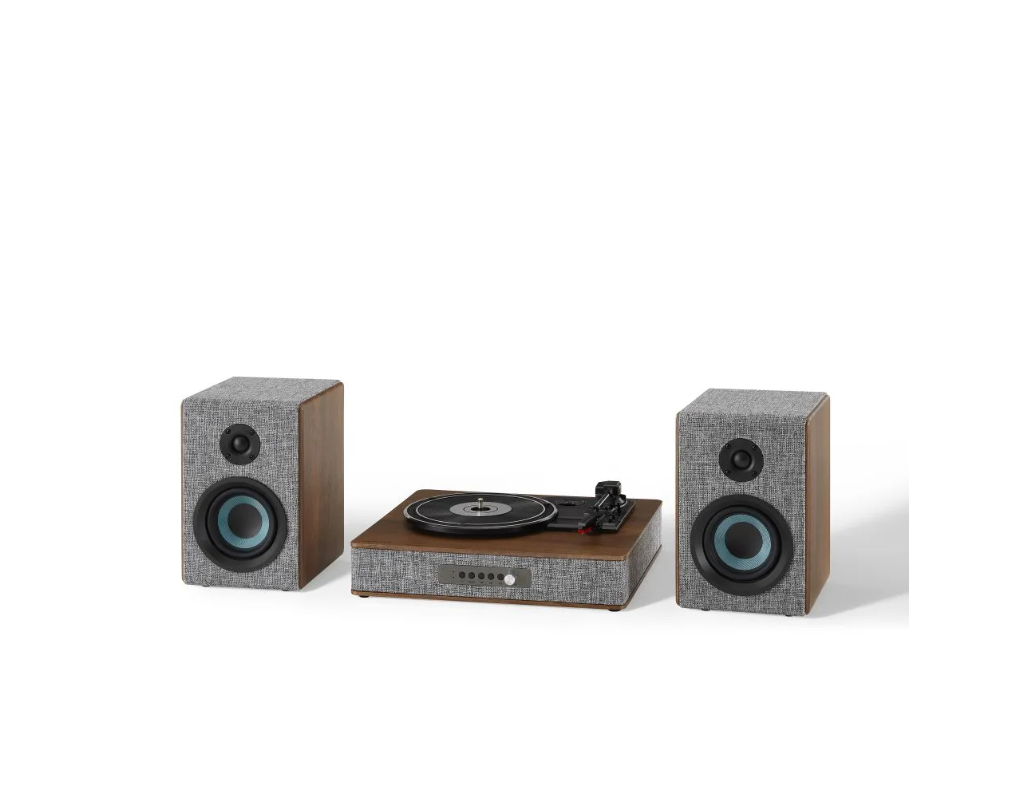 Crosley Aria Shelf System CR7020A With 3 Speed Turntable + Built-in Bluetooth, Gray -NEW