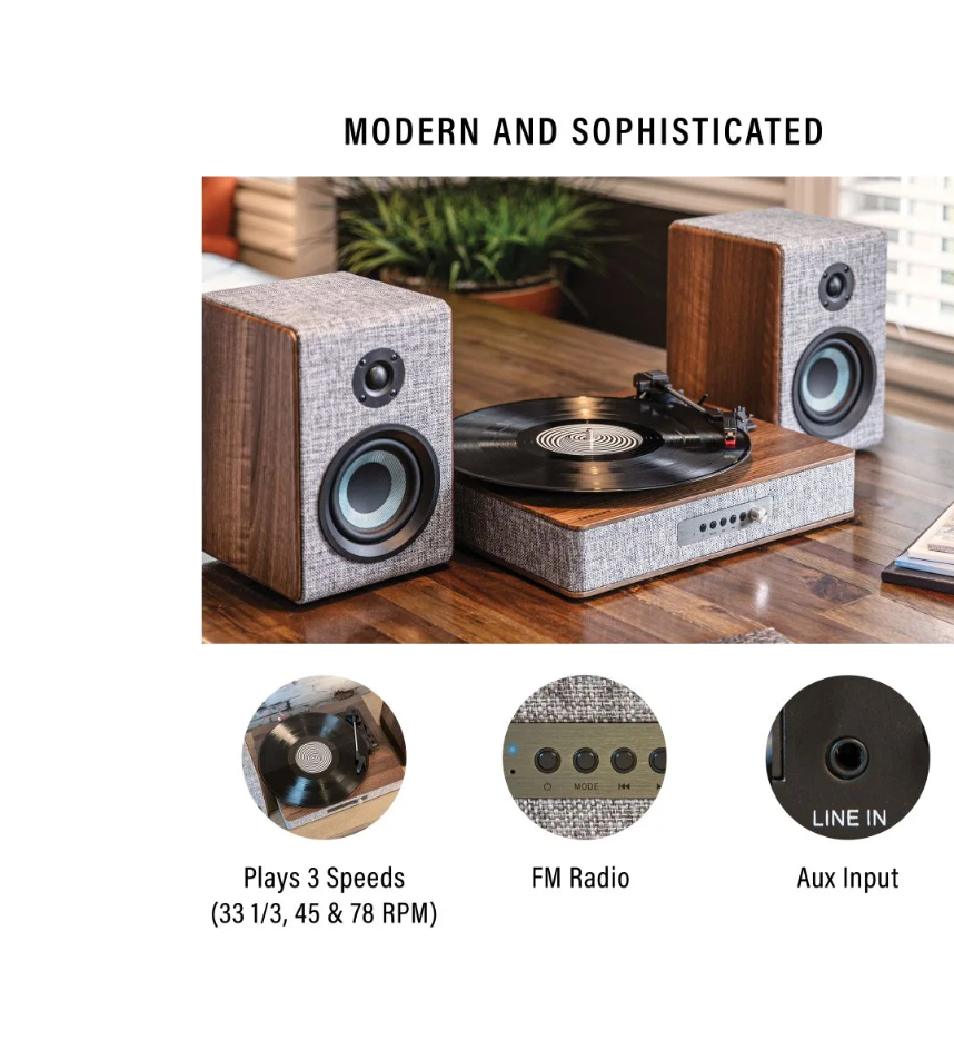 Crosley Aria Shelf System CR7020A With 3 Speed Turntable + Built-in Bluetooth, Gray -NEW