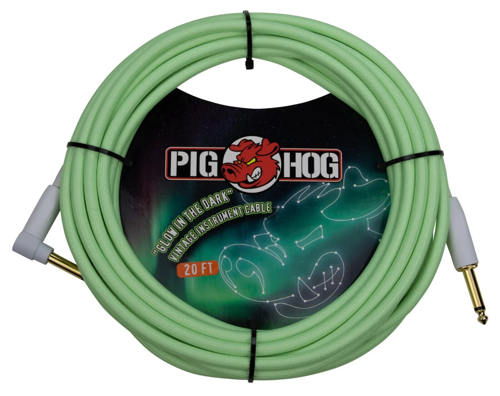 New - PIG HOG PCH20GLOR GLOW IN THE DARK INSTRUMENT CABLES, RIGHT ANGLE 20FT 2 Pack