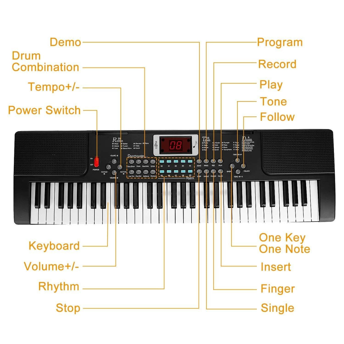 61 Keys Digital Electronic Keyboard with 16 Tones and 10 Rhythms