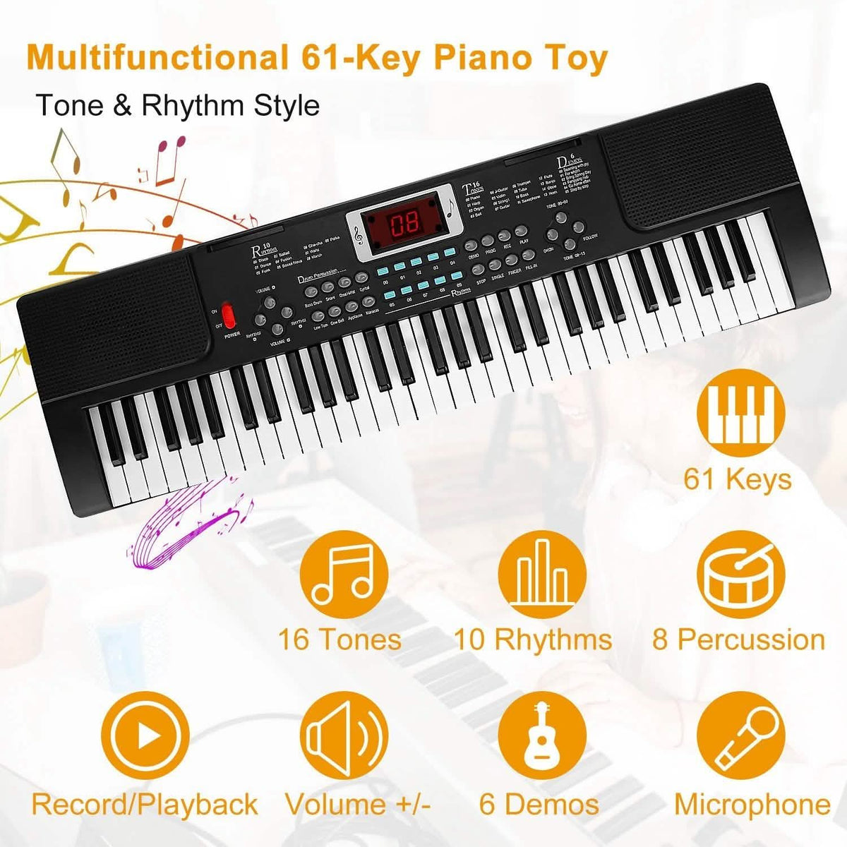 61 Keys Digital Electronic Keyboard with 16 Tones and 10 Rhythms