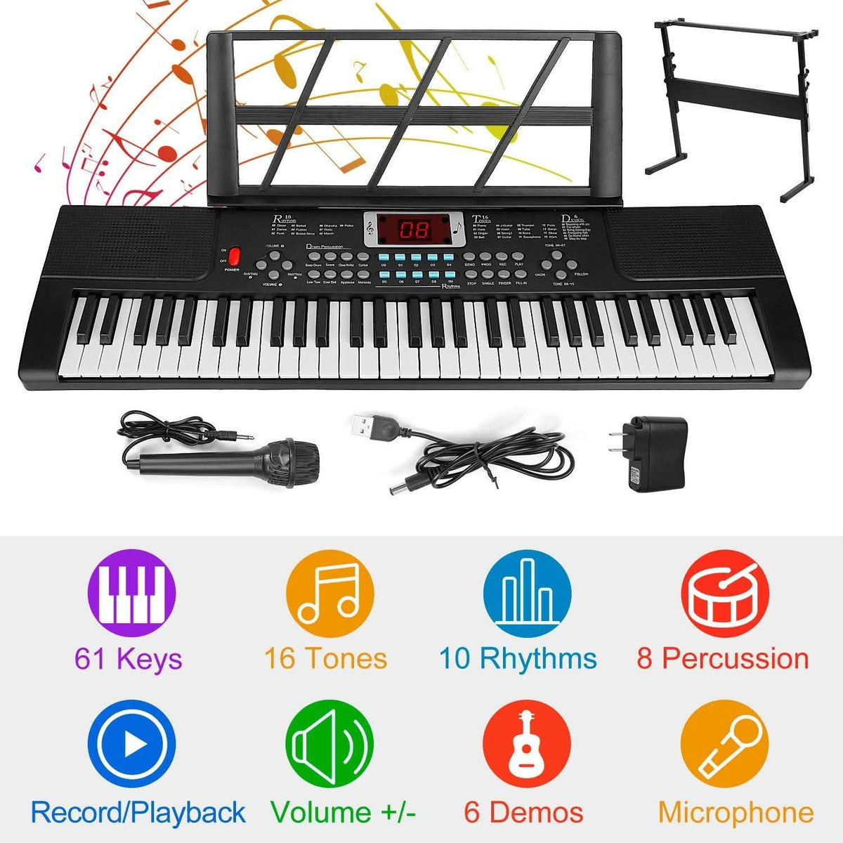 61 Keys Digital Electronic Keyboard with 16 Tones and 10 Rhythms