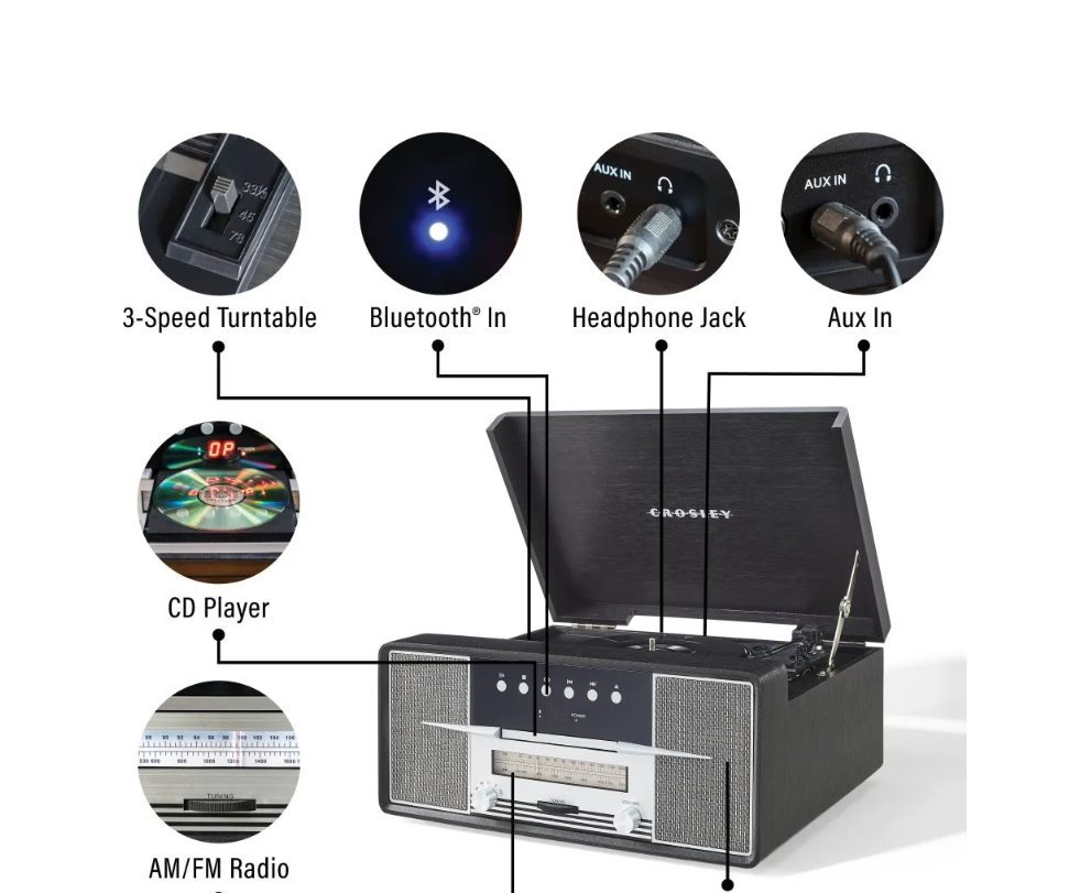 Crosley CR7016A Rhapsody 3-Speed Turntable AM/FM Radio CD Player - Black -NEW