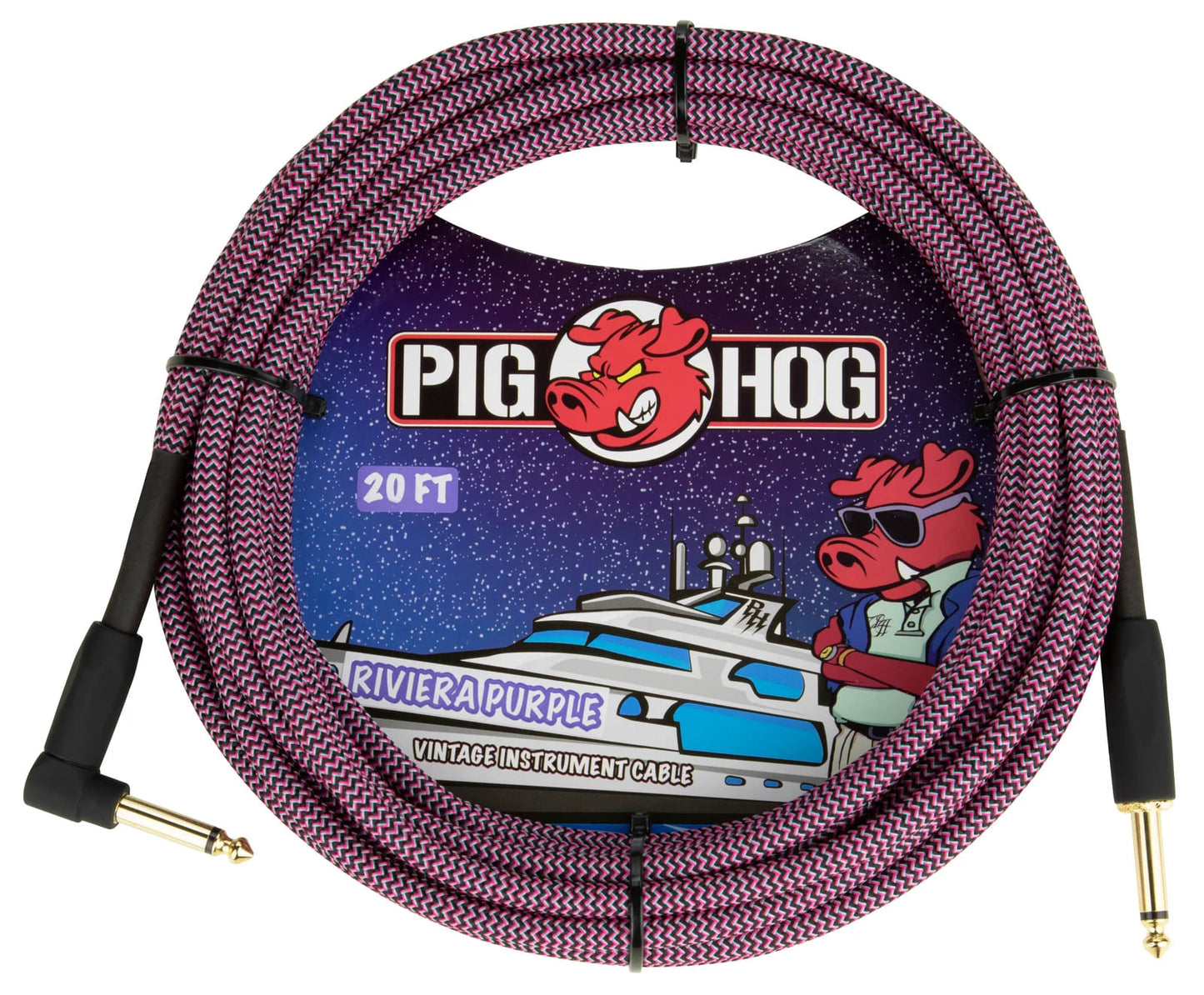 2 Pack Pig Hog PCH20RPPR 20-Foot Riviera Purple Instrument Vintage Cable 1/4"-1/4" Right Angle Connectors -NEW
