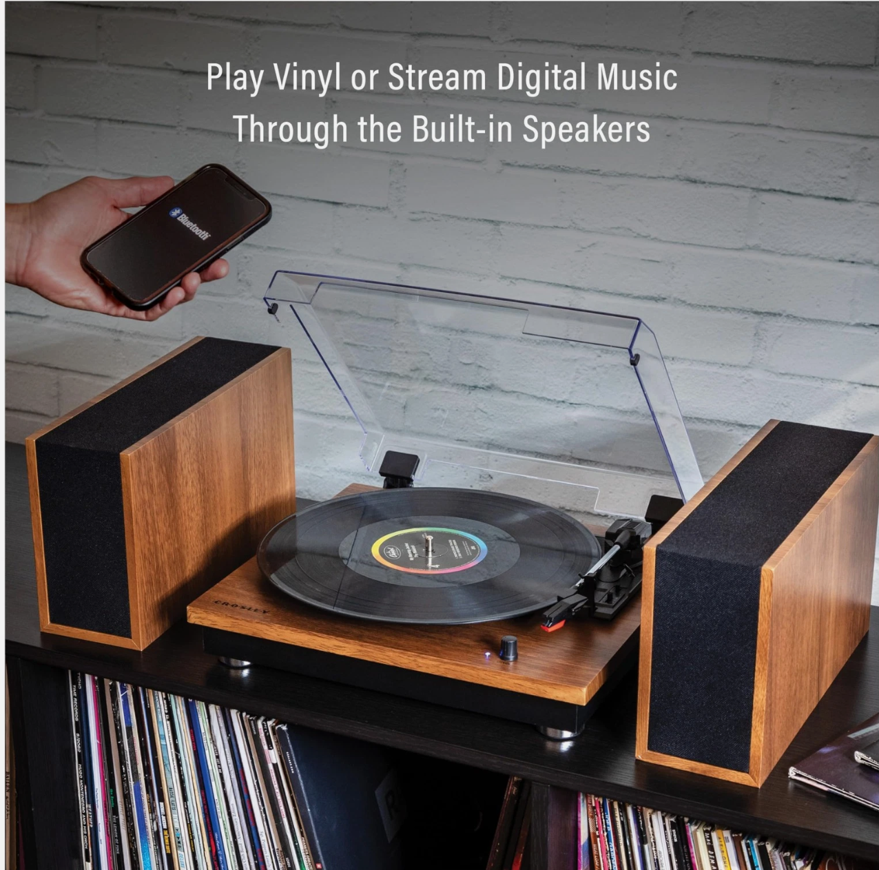 Crosley CR7502A-WA Riff 3-Speed Record Player With Speakers - Walnut-NEW