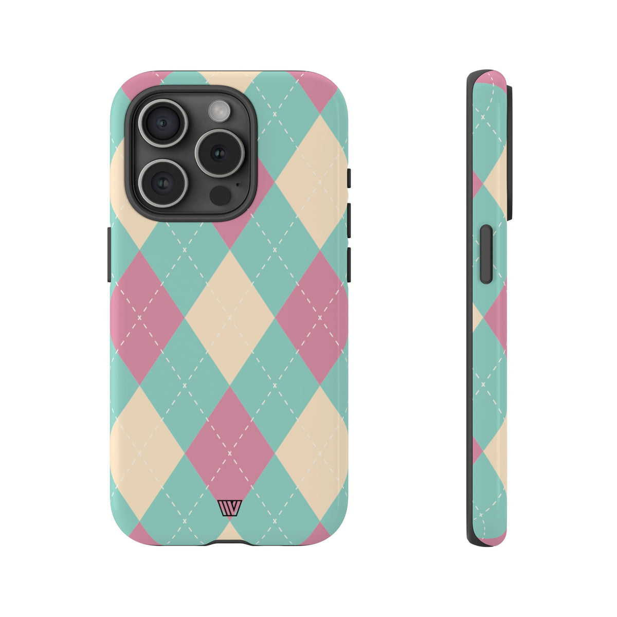 Tough Phone Case Blue Pink Beige Argyle Pattern