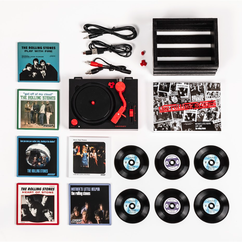 Crosley RSD3 Rolling Stones Mini Turntable Bundle - 3" Vinyl Record Player with Crate & 6 Singles