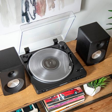 Crosley KT400A-BK Fully Automatic Bluetooth 2-Speed Turntable with S100A Stereo Speakers, Black-NEW