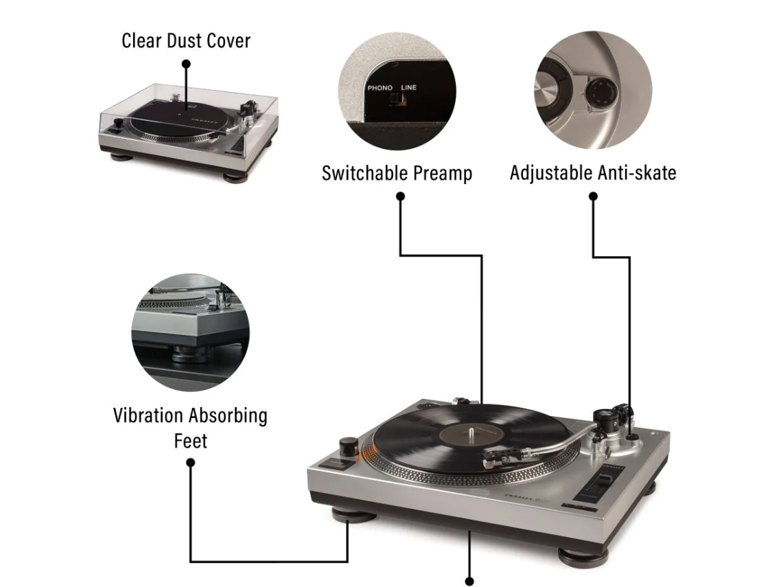 Crosley C100 2-Speed Pro Series Turntable Record Player - Silver-NEW