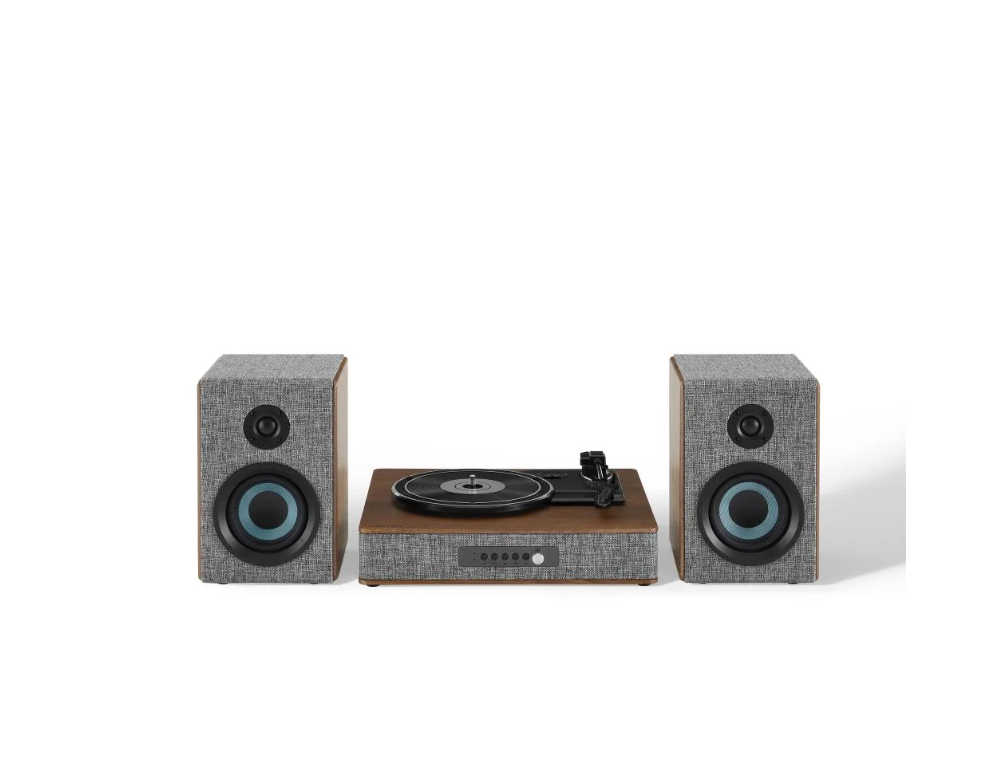 Crosley Aria Shelf System CR7020A With 3 Speed Turntable + Built-in Bluetooth, Gray -NEW