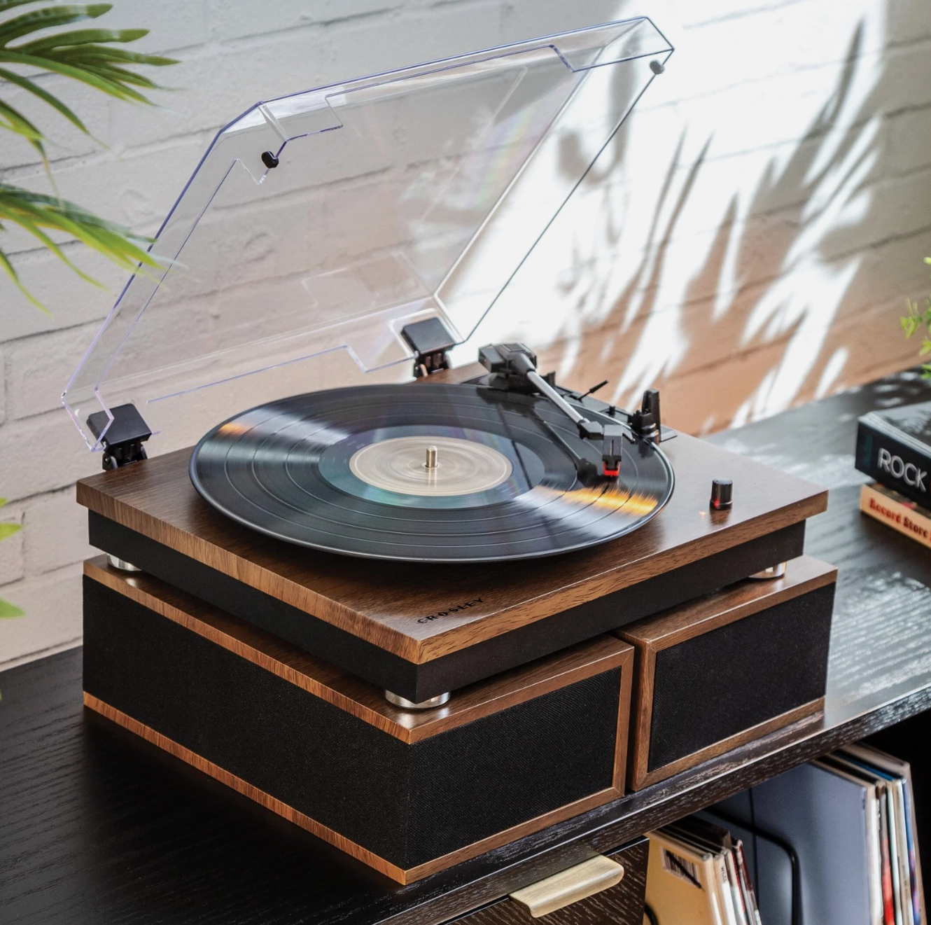 Crosley CR7502A-WA Riff 3-Speed Record Player With Speakers - Walnut-NEW