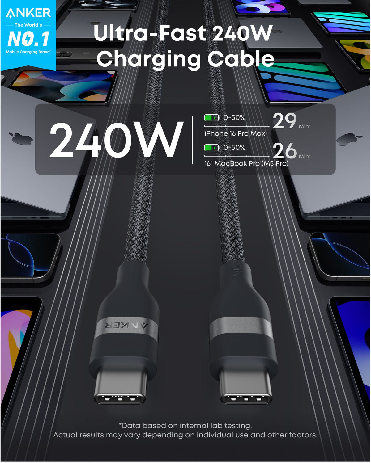 USB-C 240W Upcycled-Braided Cable Anker USB-C to USB-C Cable