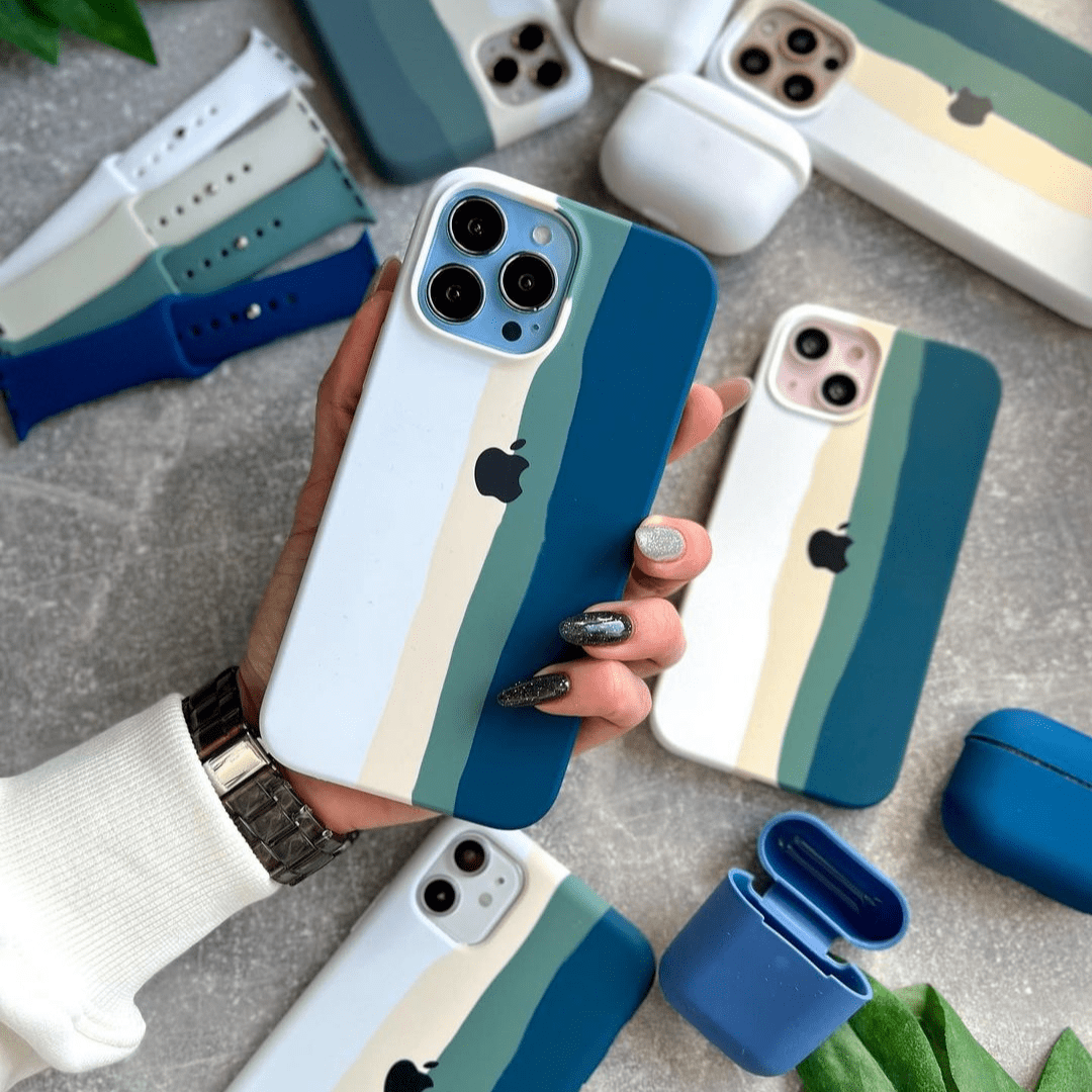 iPhone Silicone Case Teal Rainbow Protective Phone Back Cover