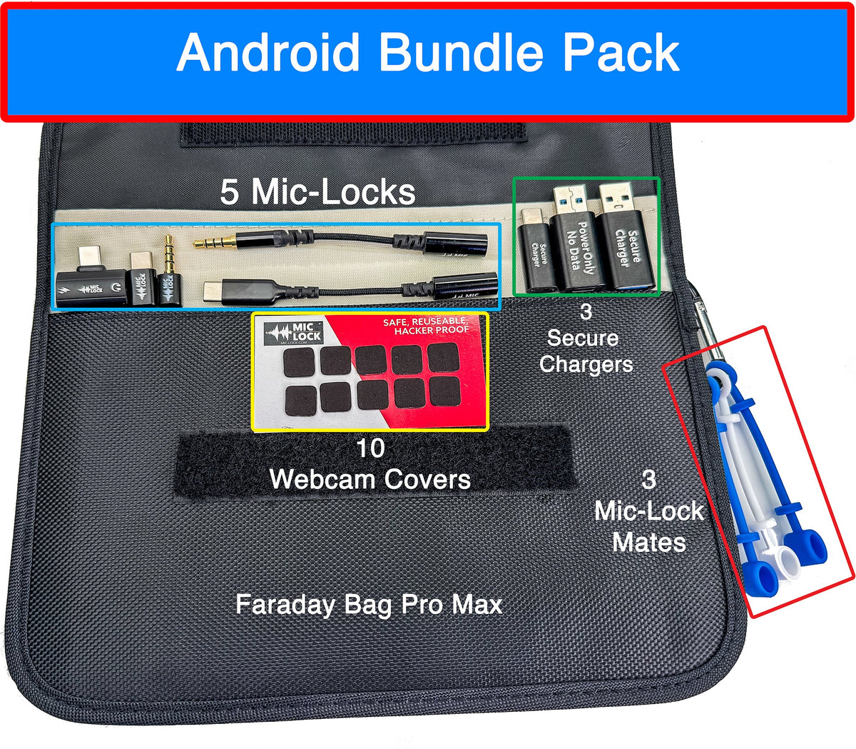 Mic-Lock Android Privacy Bundle with Mic-Locks, Webcam Covers, Secure Chargers, and Faraday Bag Pro Max