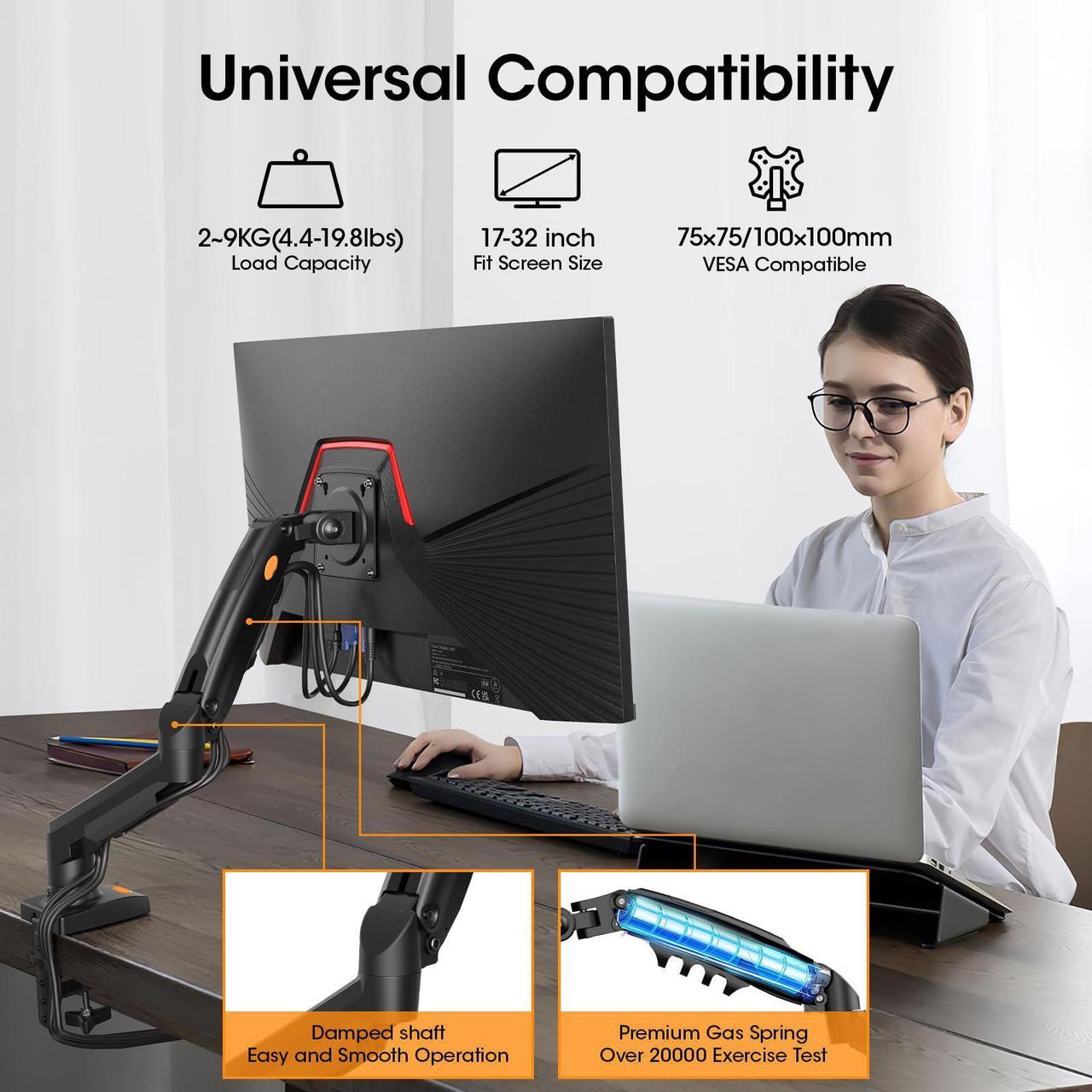 Single Monitor Mount Gas Spring Arm for 15-32 Inch Screens Rehisk