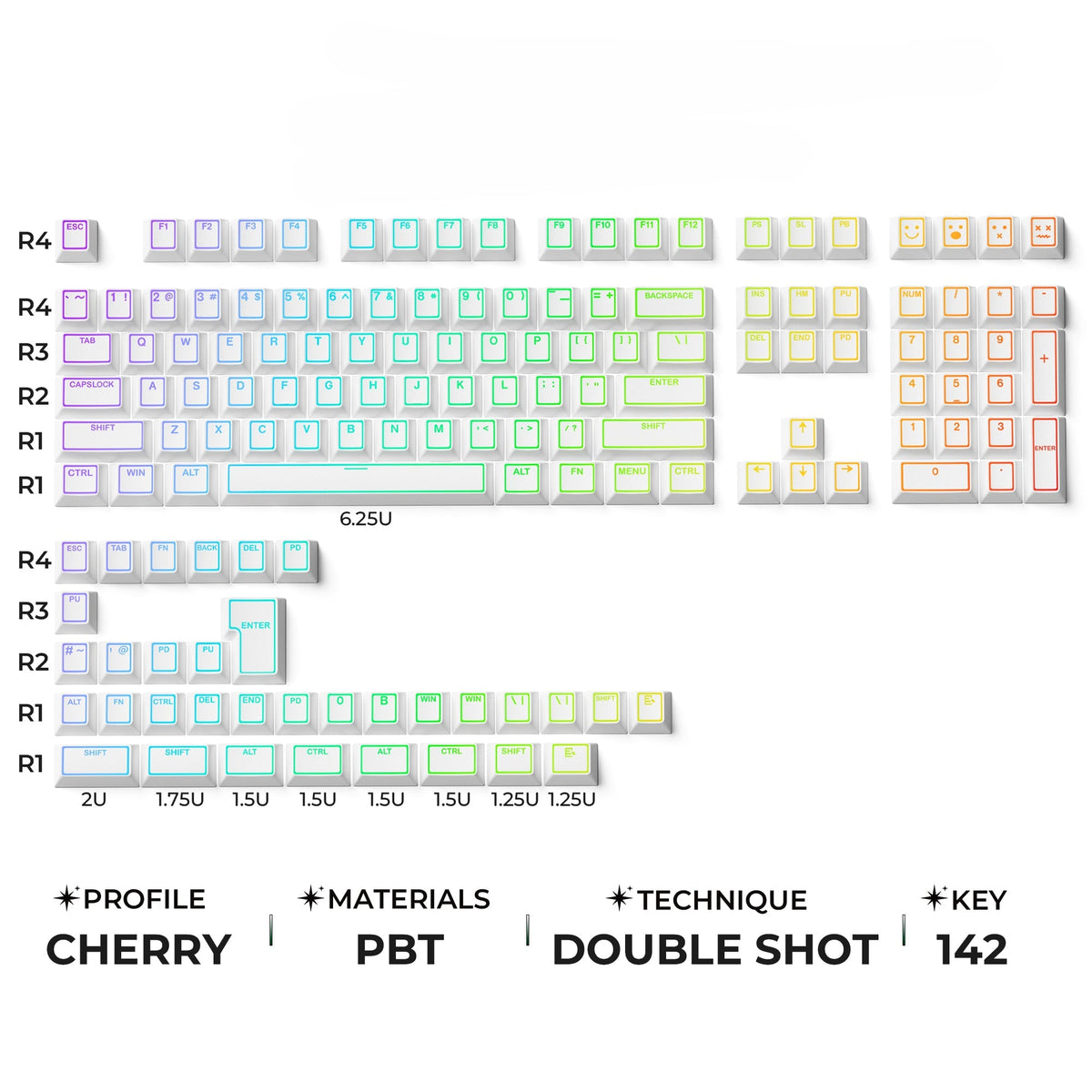 XVX PRISM Shine-Through Double-Shot Cherry Profile 142-Key PBT Keycap Set