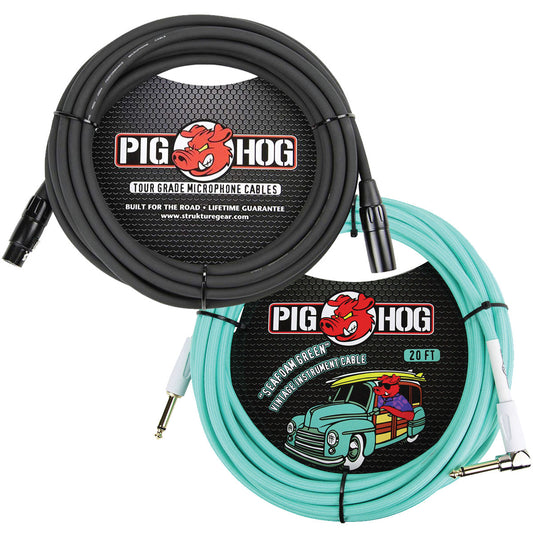 Special  OFFER! 2 Pack Pig Hog PHM25 Microphone Cable 25 Ft, PCH20SGR Guitar Cable 20ft