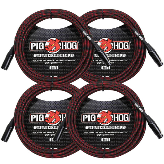 4 Pack Pig Hog B&R High Performance Woven XLR 20 ft Microphone Cable PHM20BRD  Lifetime Warranty!