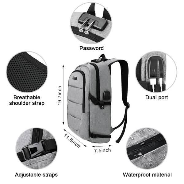 Anti Theft Waterproof Backpack with USB Charging Port and Headphone Interface Classic