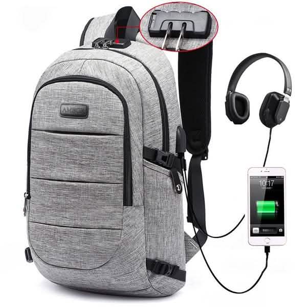 Anti Theft Waterproof Backpack with USB Charging Port and Headphone Interface Classic