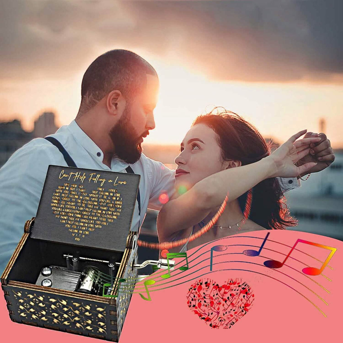 Antique Engraved Hand-Operated Musical Box Can't Help Falling in Love