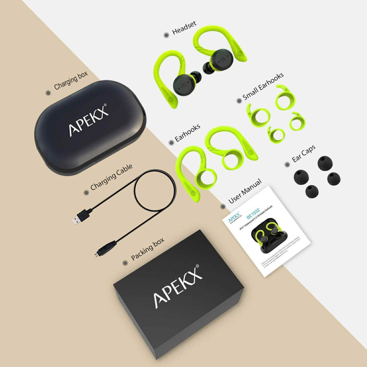 Bluetooth Headphones IPX7 True Wireless Earbuds APEKX