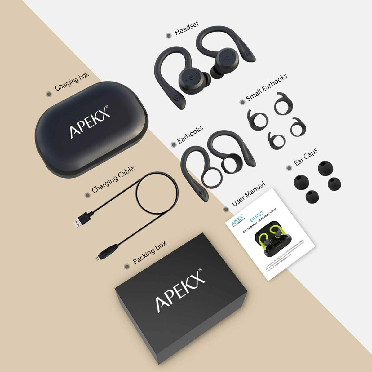 Bluetooth Headphones IPX7 True Wireless Earbuds APEKX
