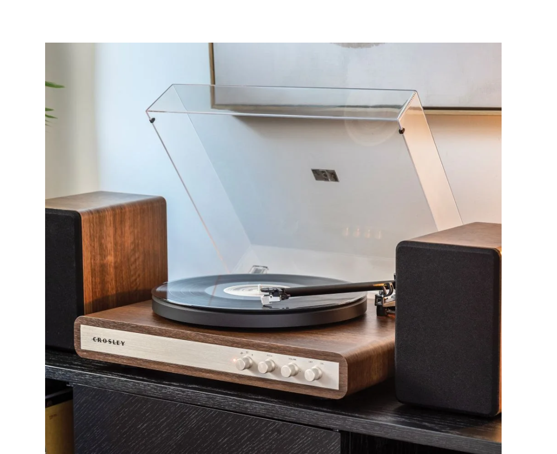 Crosley C65  Record Player with speakers system Belt-Drive 2-Speed  Turntable Record Walnut and Gold- NEW