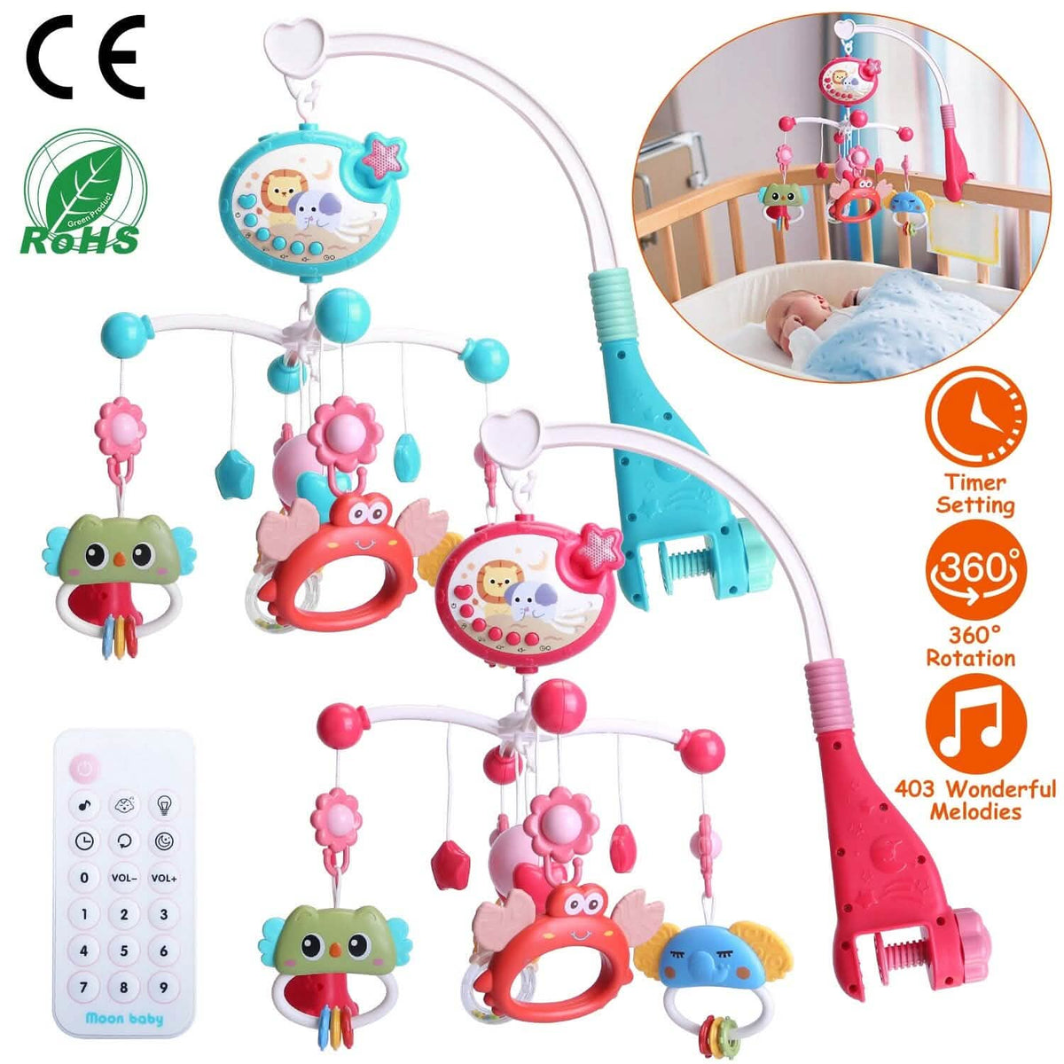 Musical Rotating Baby Crib Bed Bell Mobile with Star Projection