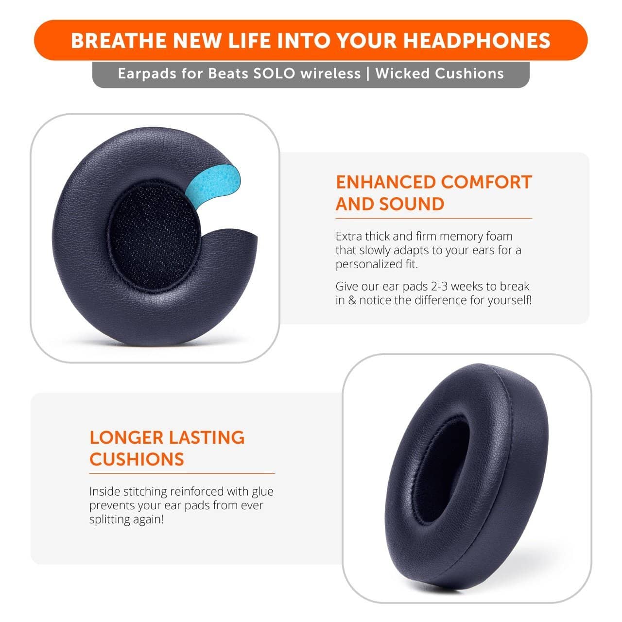 Beats Solo Replacement Earpads Thick Memory Foam Cushions by Wicked Cushions